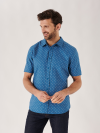 blue, blue shirt, button up, all over print, boat print, 