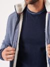 navy, blue, mid blue, slate blue, grey, cream lining, borg, borg lined, zip through, zip up, sweatshirt, jacket, 