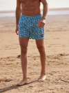 swim shorts, swimming shorts, men's swim shorts, aqua blue, patterned, graphic, blue, light blue, leaf print, print