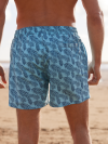 swim shorts, swimming shorts, men's swim shorts, aqua blue, patterned, graphic, blue, light blue, leaf print, print