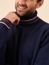 navy, wool, merino, red, white, stripe detail, roll neck, turtle neck, winter, autumn, christmas, gift, mens