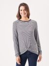 striped, long sleeve, t-shirt, top, cotton, casual, pink embroidery, navy, white, twist front